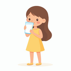 A young girl with brown hair drinks from a glass, wearing a yellow dress and shoes.