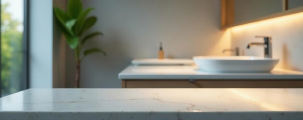 Fototapeta premium Blank tabletop, blurred upscale bathroom background, luxury, empty