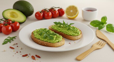 Delicious avocado toast with cherry tomatoes and basil kitchen table food photography bright setting top view healthy eating