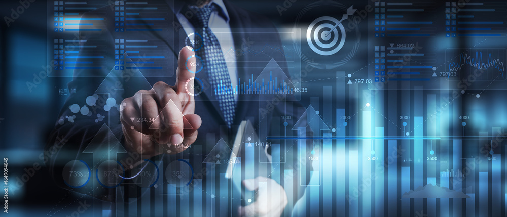 Poster data analytics and business intelligence strategy with interactive dashboard interface.