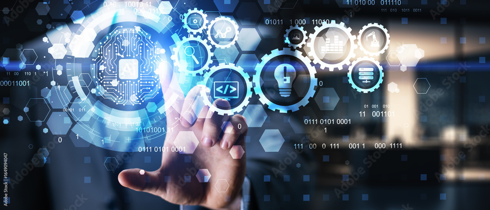 Poster ai-driven automation and innovation process illustrated on a digital interface.