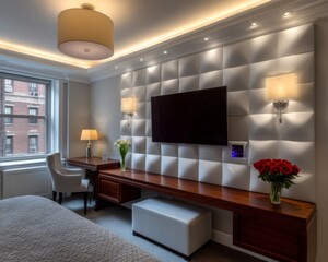 Modern hotel room interior design luxury accommodation living space contemporary style cozy atmosphere relaxing ambiance