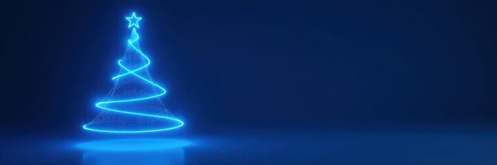 Bright blue neon Xmas tree silhouette, sleek dark space, yuletide, backdrop, aesthetic