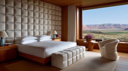 Modern bedroom interior with scenic view luxury accommodation desert landscape serene atmosphere wide angle contemporary design
