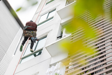 Exterior paint and leak repair technician builder, rope rappelling to repair buildings outside wall