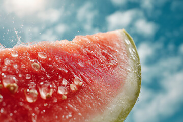 Close-up of a juicy watermelon slice with water droplets, set against a bright blue sky, symbolizing refreshing summer hydration.
