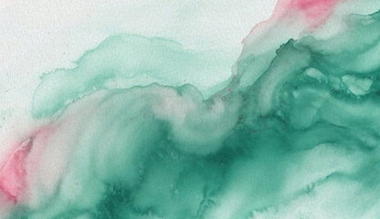 Abstract watercolor splashes. Fluid, blending shades of green and pink with white space.