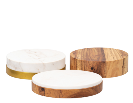 Set of round display podiums with marble, wood, and metal surfaces isolated on transparent background PNG