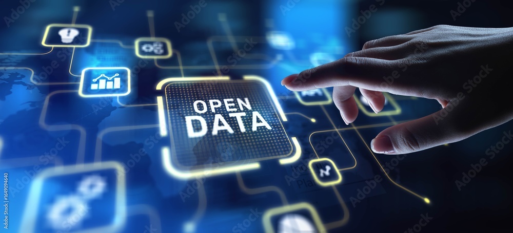 Poster open data promoting transparency and accessibility, projection on a virtual screen, business and tec