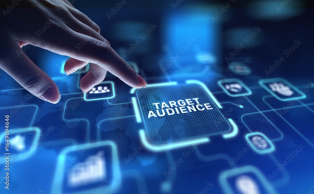 Poster target audience identifying and engaging key consumer groups, projection on a virtual screen, busine