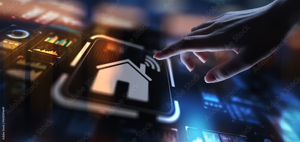 Poster smart home automating living spaces with connected devices, projection on a virtual screen, business