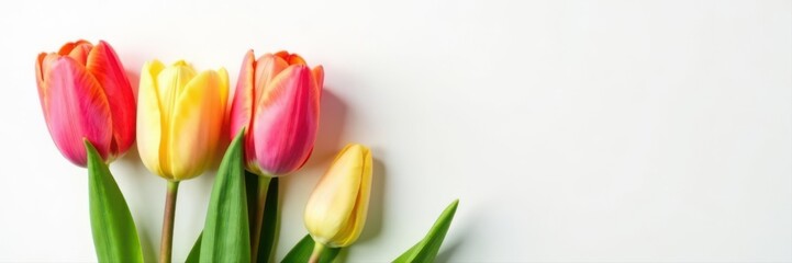 Naklejka premium Close-up of four tulips and leaves against pure white backdrop; copy space , nature, floral, template