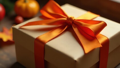 Close-up of elegant brown package tied with a bright orange satin bow Autumnal feel , gift wrap, macro, simple