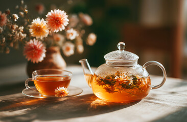 Herbal tea with chrysanthemum in a glass teapot