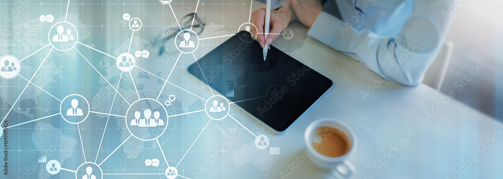 Poster global business networking and communication visualized on a futuristic digital interface.