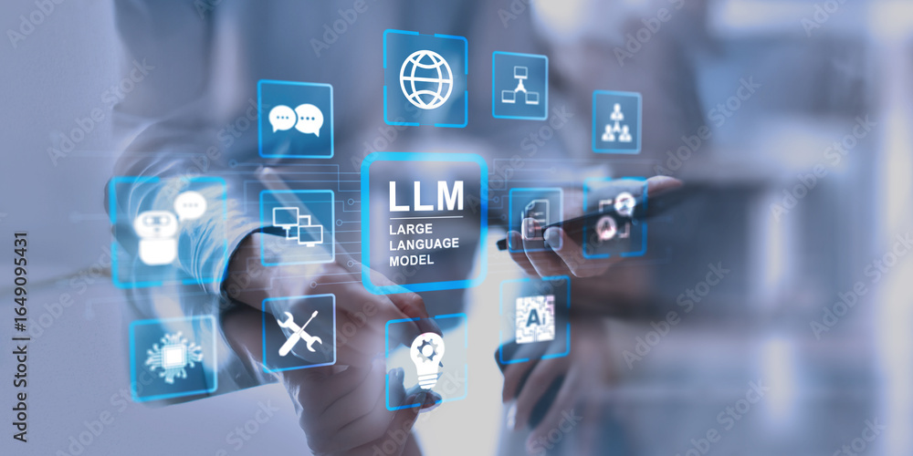 Poster llm large language model technology and artificial intelligence applications on a virtual interface.