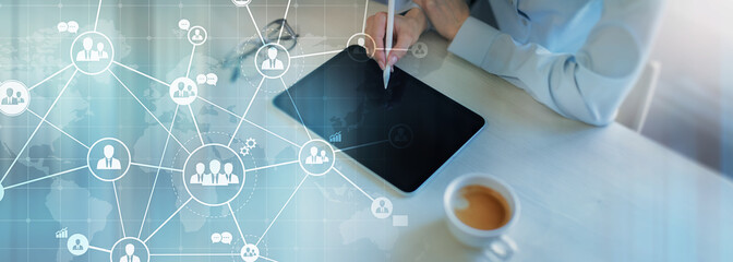 Global Business Networking and Communication Visualized on a Futuristic Digital Interface.