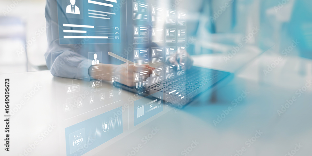 Poster digital human resources management and organizational structure displayed on a virtual interface.
