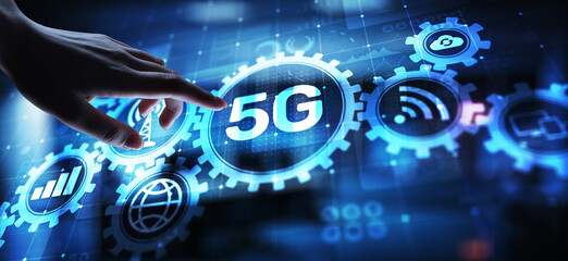 5G Fifth generation of mobile internet. Fast connection. Telecommunication concept on virtual screen.