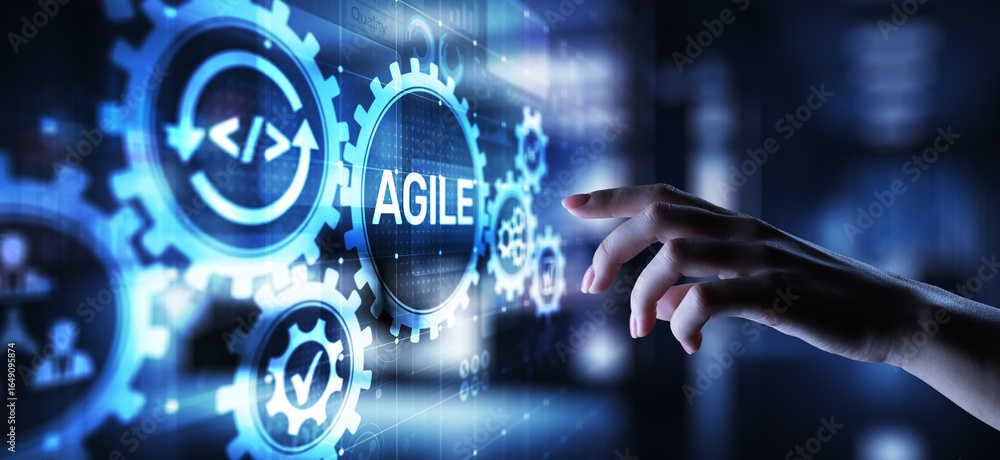 Poster agile development methodology concept on virtual screen. technology concept.