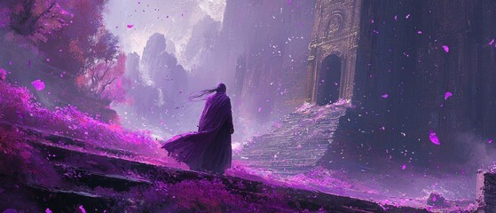 A solitary figure in purple robe approaches an ancient gateway amidst a mystical purple landscape, petals falling like rain.