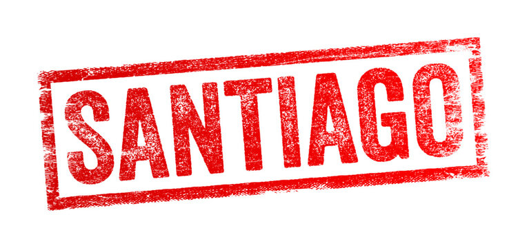 Bold grunge-style rubber stamp design featuring the word SANTIAGO, representing the capital city of Chile or other locations named Santiago, with a textured, worn, and urban-inspired look