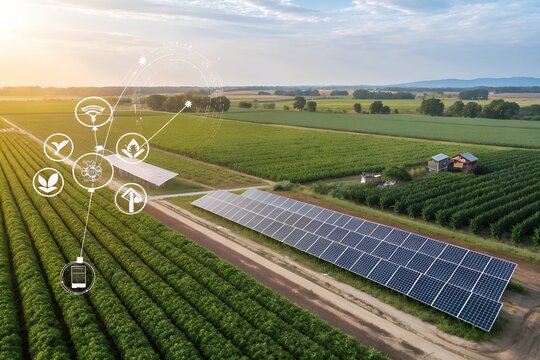 Solar panels in agricultural field for sustainable farming and energy production