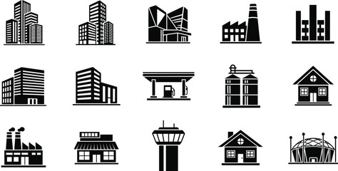 Flat vector illustration of building icons, skyscrapers, factories, stadiums, gas stations, urban architecture, cityscape elements, real estate graphics © Khadija Creatives