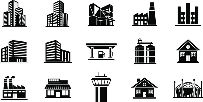 Flat vector illustration of building icons, skyscrapers, factories, stadiums, gas stations, urban architecture, cityscape elements, real estate graphics
