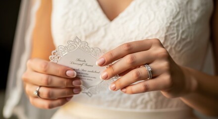 Bride holding wedding vows in her hands wearing a white lace dress and veil