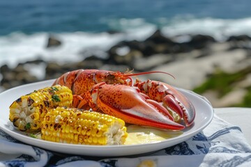 Grilled corn and lobster on a plate outdoors.