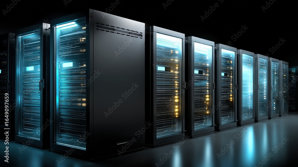 Poster a futuristic server room filled with sleek, illuminated server racks, showcasing advanced technology