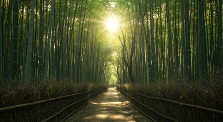 Obraz premium Peaceful walk through a sunlit bamboo forest trail kyoto japan scenic landscape nature's beauty