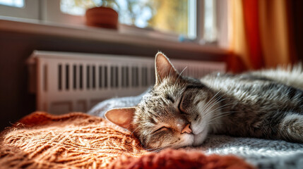 Cat lying on a blanket in front of a heater, peaceful indoor autumn mood