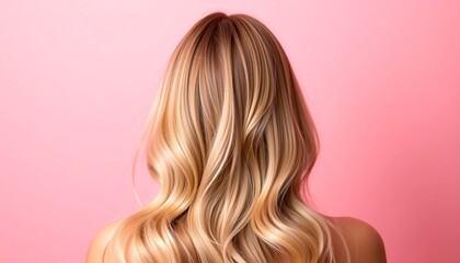 Fototapeta premium Woman with beautiful blonde hair, back view. The hair cascades down the back in soft waves against a pink background