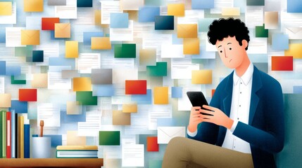 hand-drawn cartoon style office worker character overwhelmed with messages and notifications, multitasking with smartphone and folders, abstract business concept with copy space