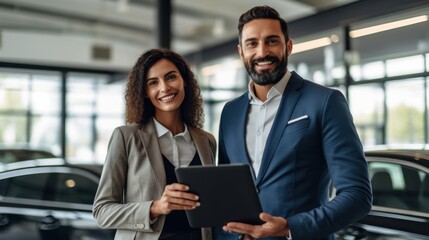 Sales meeting with happy clients in a car dealership business discussion indoor environment professional setting