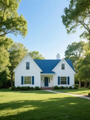 Obraz premium White Farmhouse with Blue Roof and Shutters Surrounded by Lush Greenery