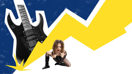 Contemporary artwork. Rock guitarist and fierce woman with lightning bolt on dark blue and yellow...