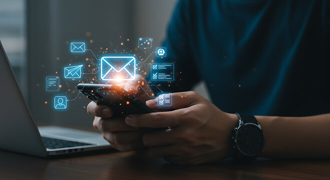 Person using smartphone with glowing digital icons and email symbol - Powered by Adobe