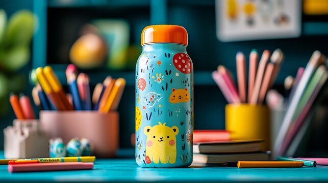 Kid friendly water bottle with playful animal designs on a colorful school desk surrounded by crayons and books ideal for keeping children hydrated at school