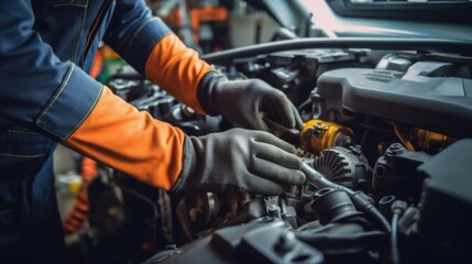 Car maintenance action automotive workshop image of mechanic indoor environment close-up view technical skills