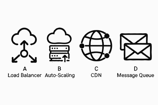 Cloud Computing Architecture: Load Balancer, Auto-Scaling, CDN, and Message Queue Icons for IT Infrastructure