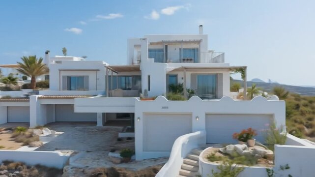 Whitewashed Villa on a Beach Cliff Overlooking the Sea. 4k videos