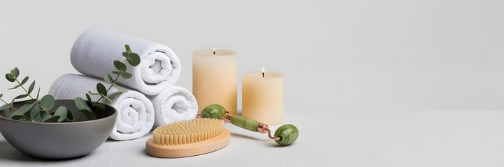 Spa-themed still life with rolled towels, candles, jade roller, and eucalyptus.