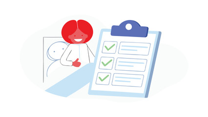 Woman with red hair giving thumbs up next to a clipboard with check marks on a white background image