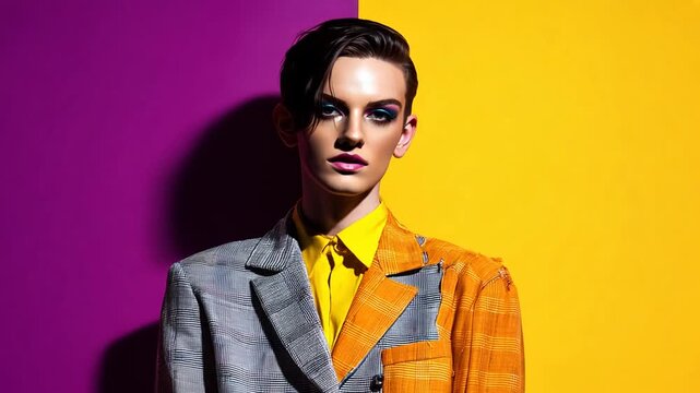Fashion model posing against colorful backdrop