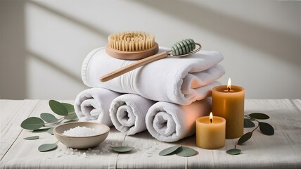 Serene Spa Still Life: Rolled Towels, Candles, Brush, and Sea Salt with Eucalyptus