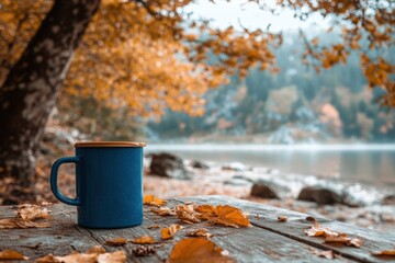 Warm beverage in a blue mug surrounded by autumn leaves by a tranquil lake