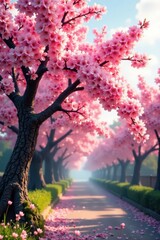 Abundant pink cherry blossoms on a majestic tree, showcasing a breathtaking spring scene , soft, Japanese, spring scene